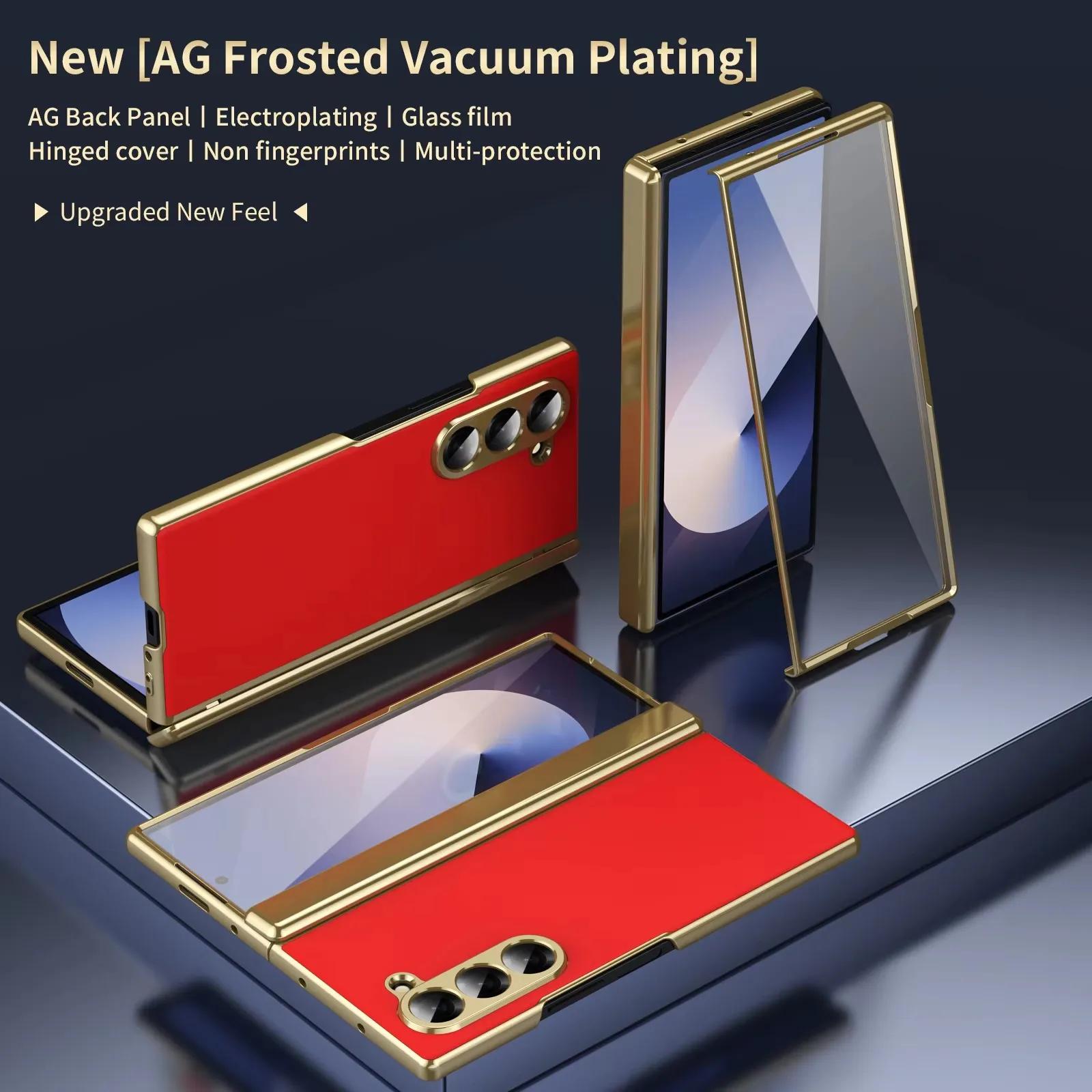 

Higth Quality Busine Sle Plating Hinge Phone Case for Samsung Galaxy Z Fold 7 6 5 4 3 with Screen Glass Shockproof Protect Cover Galaxy Z Fold5 червоний