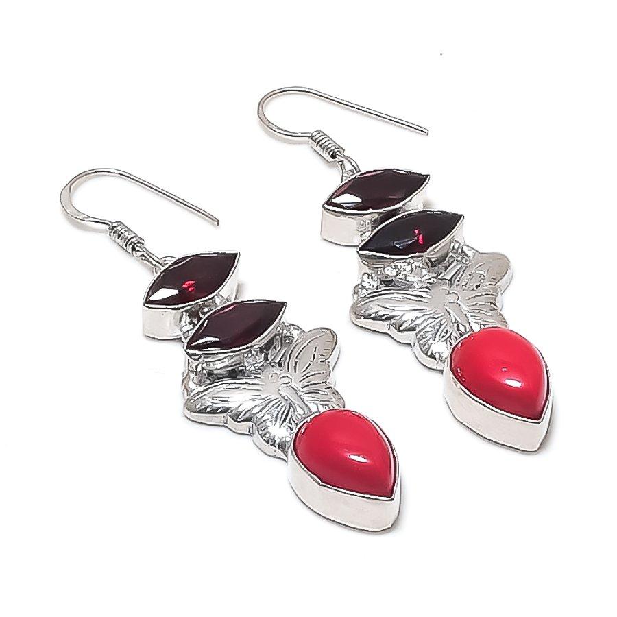 Red Coral, Garnet Gemstone 925 Sterling Silver Earring 2.36"
