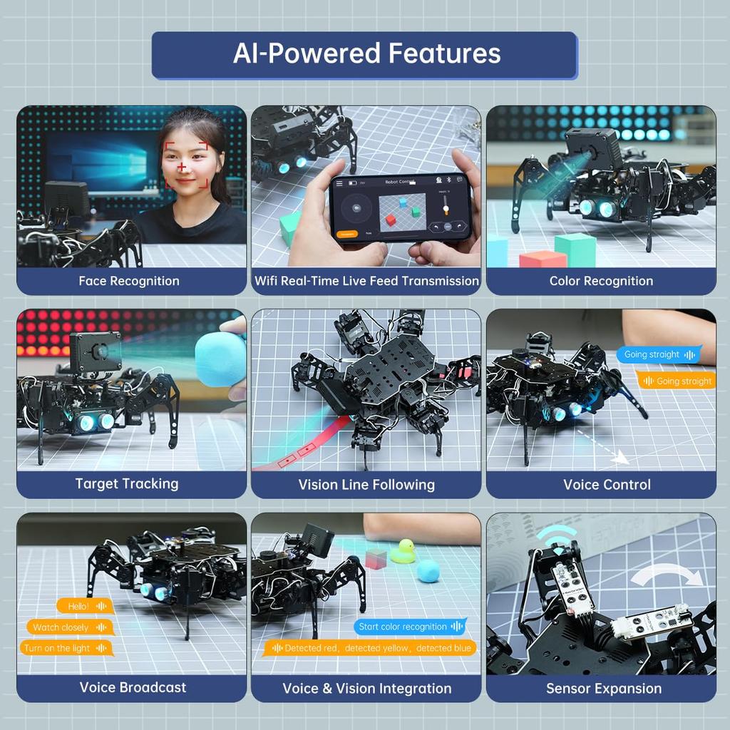 MiniHexa 18DOF Hexapod Roboter für Arduino KI Stimme Farbe Ziel Hindernis STEM Open Source Roboter mit Standard Kit Programmierung, Spinnenartiges Gehen,