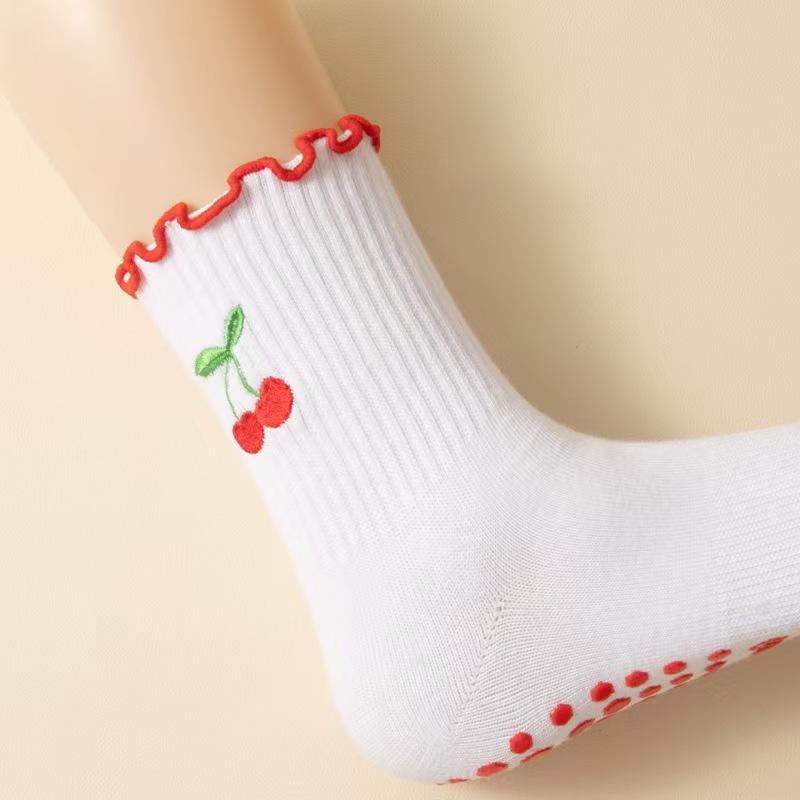 Cartoon Yoga Socks, Women's Embroidered Mid-calf Socks, Cherry Professional Anti-slip Fitness Pilates Sports Floor