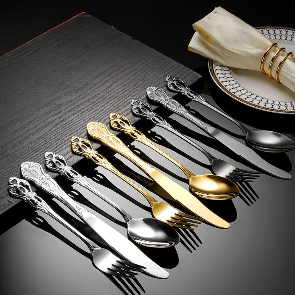 16Pcs Vintage Royal Court Cutlery Sets Embossed Design Stainless Steel Kitchen Flatware Set Smooth Edges Fork Spoon Set Dessert