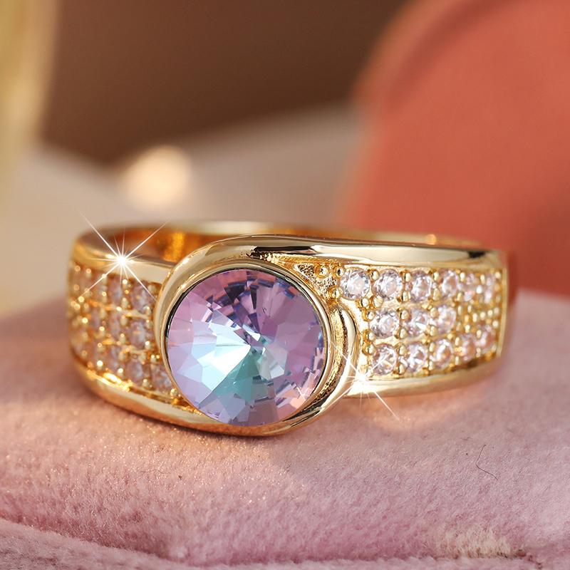 Dazzling Inlaid Imitation Moonstone White CZ Women's Ring Gorgeous Gold Color Geometry Daily Wear Party Jewelry Anniversary Gift