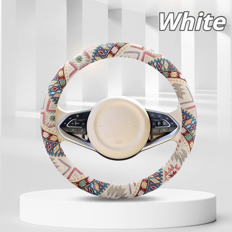 Breathable Linen-Feel Steering Wheel Cover, Oriental Ethnic Pattern for 14.5-15 Inch Wheel, Comfort Grip All-Season