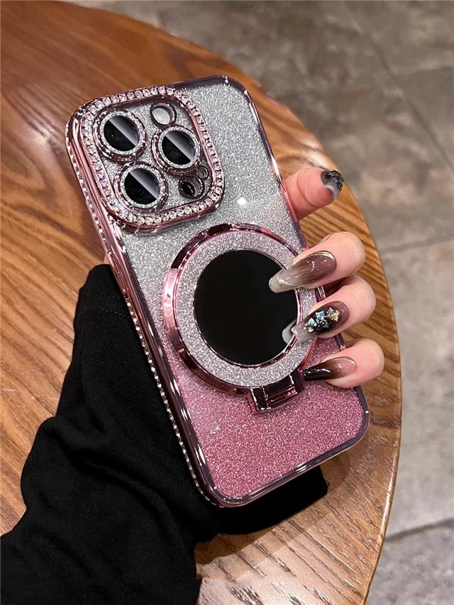 For iPhone 16 Pro Max Luxury Plating Flash Mirror Holder Stand Diamond Frame For iPhone 11 12 13 14 15Plus Lens Protective Cover
