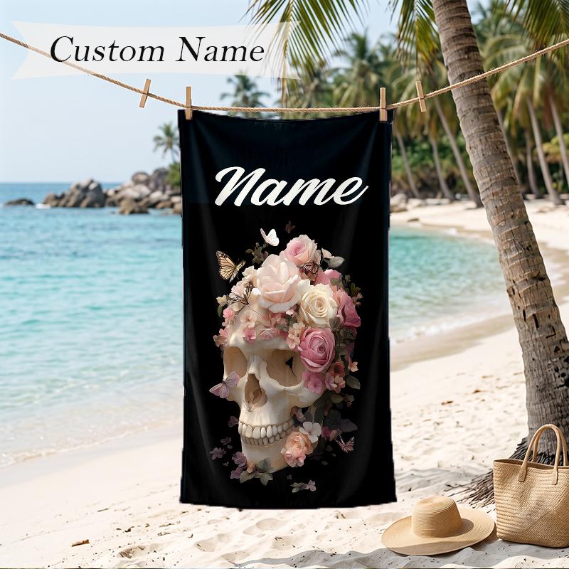 Blumen Schädel Personalisierter Name Aufgedrucktes Strandtuch Weiches Handtuch zum Schwimmen Strand Reisen
