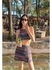 2025 Vintage Korean Striped Backless Tie-Up Swimsuit with Split Skirt for Women