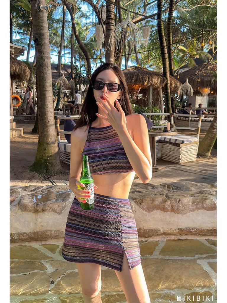 2025 Vintage Korean Striped Backless Tie-Up Swimsuit with Split Skirt for Women