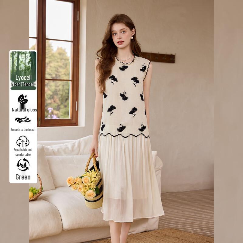 Bailuyu Women s 2026 Summer Tencel Blend Faux Two-Piece Lace Dress M