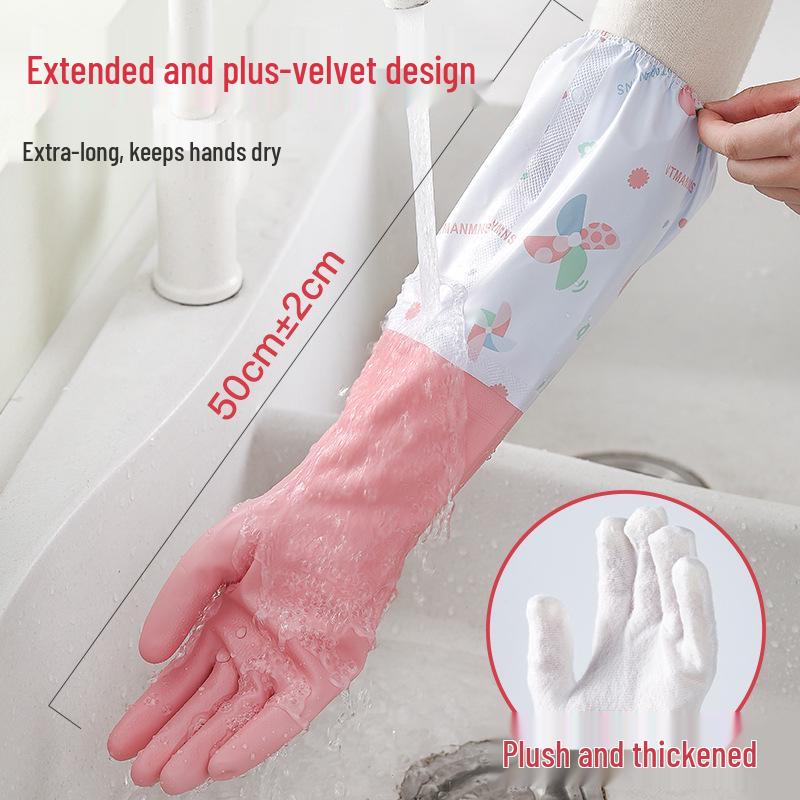 Damen-Robuste Wasserdichte Samtgefütterte Küchenhandschuhe für Hausarbeiten - Verdickt und Verlängert für Winterliches Geschirrspülen und Wäsche.