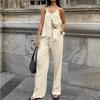 Retro Solid Color Round Neck Lace Up Sleeveless Top Sets Elegant High Waist Loose Wide Leg Pants Suit 2026 Summer Lady High Street Outfits