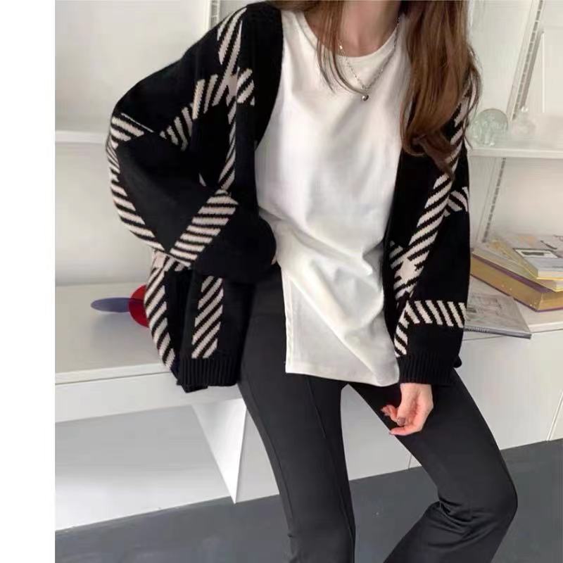 New Black Striped Knitted Cardigan Women Sweater V Neck Spring and Autumn Korean Version Loose Simple Tops Long Sleeve Jacket Casual Office Coats