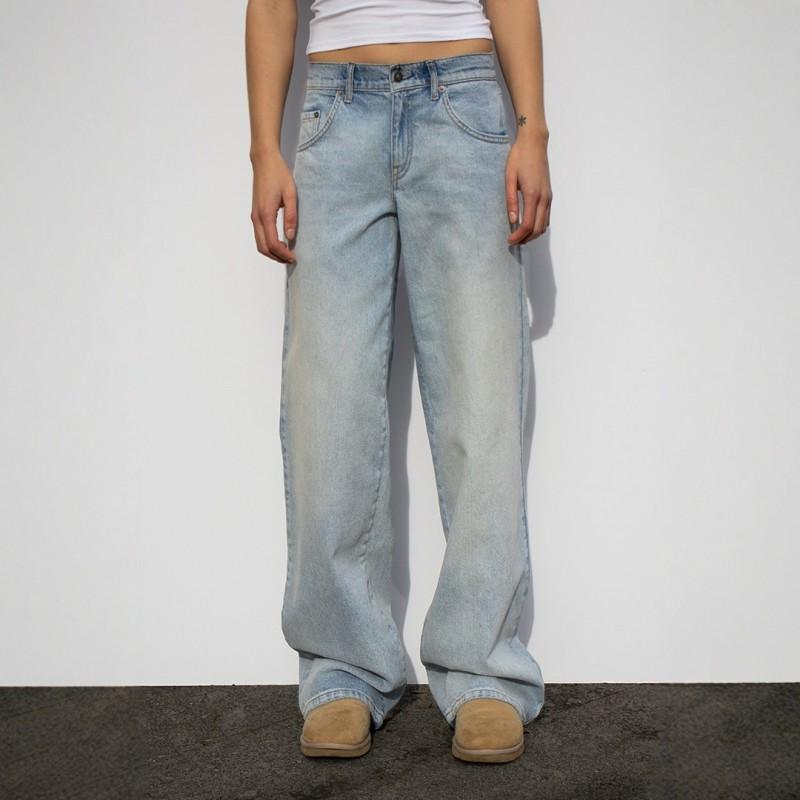 Womens Y2K Washed Distressed Straight Leg Jeans Angel Wings Print Low Rise Loose Fit Streetwear