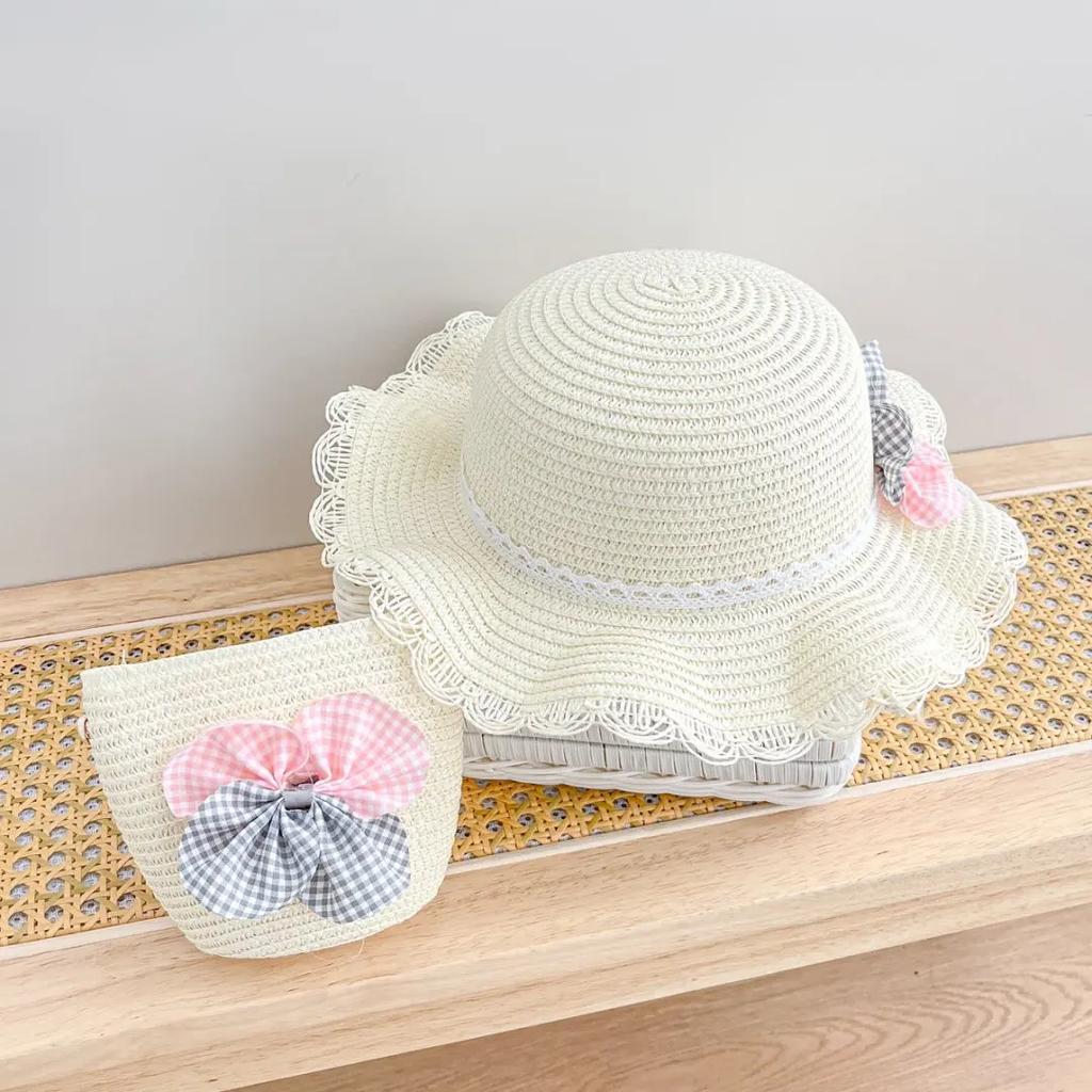 2pcs set Straw Hat And Shoulder Bag Girls Princess Summer Outdoor Fisherman Hats Baby Kids Lace Bowknot Beach Sun Cap Visor