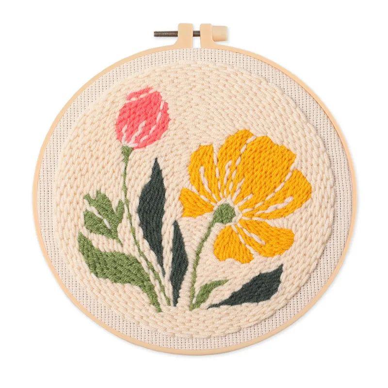 CHENISTORY DIY Punch Needle Kit Bee Butterfly White Flowers 20x20cm With Embroidery Hoop for Beginner Craft Kit Home Wall Decor