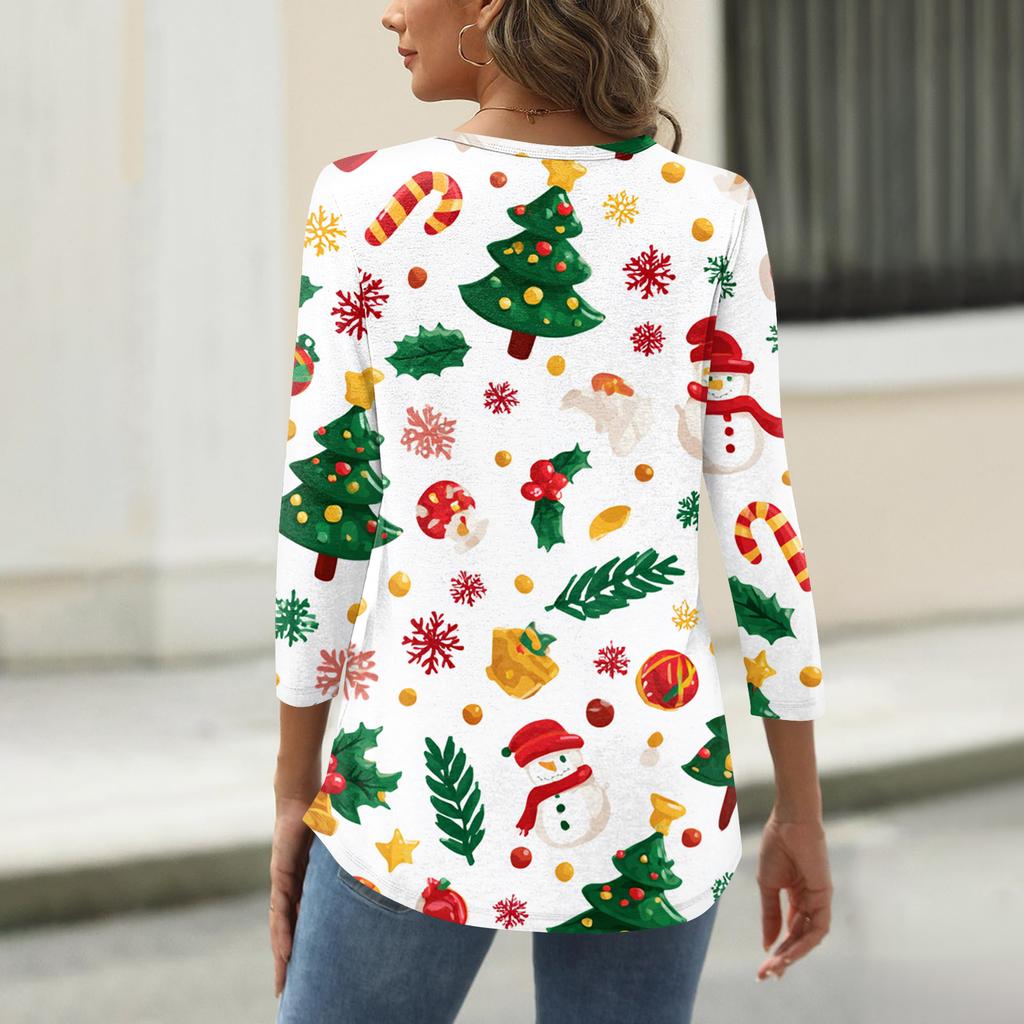 Women's T Shirt Print Button 3/4 Sleeve Daily Weekend Fashion Basic V- Neck Regular Top