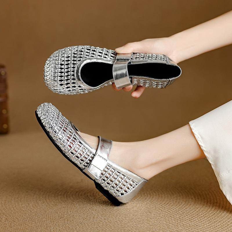 Fashion Women's New Leather Cowhide Woven Hollow Breathable Round Head Metal Belt Buckle Low Heel Plus Size Mary Jane Casual Single Shoe