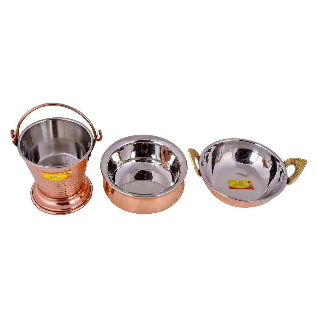 Copper Tableware Serving Set - Dinnerware Combo (1 Bucket, 1 Kadhai, 1 Handi), 3 Pieces