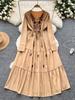Women Spring Autumn Dress Retro Embroidered V-neck Strap Waist French Elegant Long Sleeve Grand Swing Long Dress