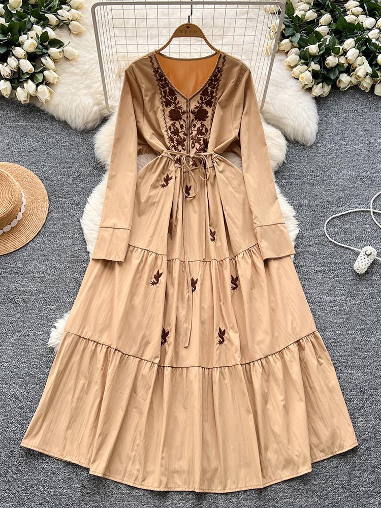 Women Spring Autumn Dress Retro Embroidered V-neck Strap Waist French Elegant Long Sleeve Grand Swing Long Dress