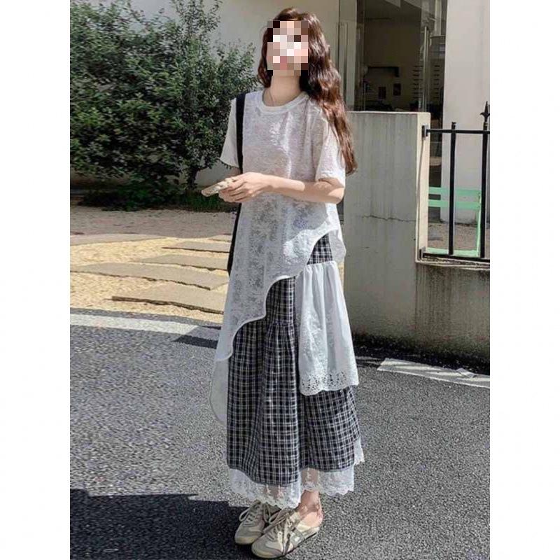 Plus Size Korean Style Plaid Lace T-shirt Set for Women S