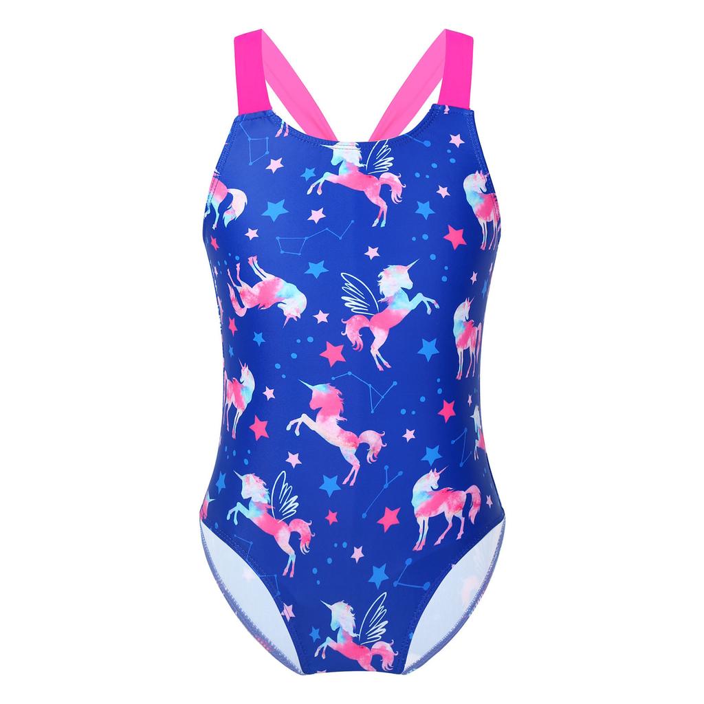 Girls Sleeveless Swimsuit Wide Straps Sapphire Print Horse Stars Pattern One Piece Bathing Suit