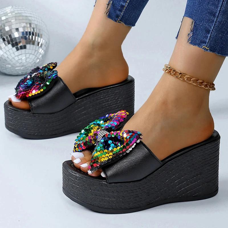 Fashion Women Colorful Sequins Platform Slippers Fashion 2025 Wedge Open Toe Black Sandal Ladies New Plus Size Thick Bottom Slides Mujer
