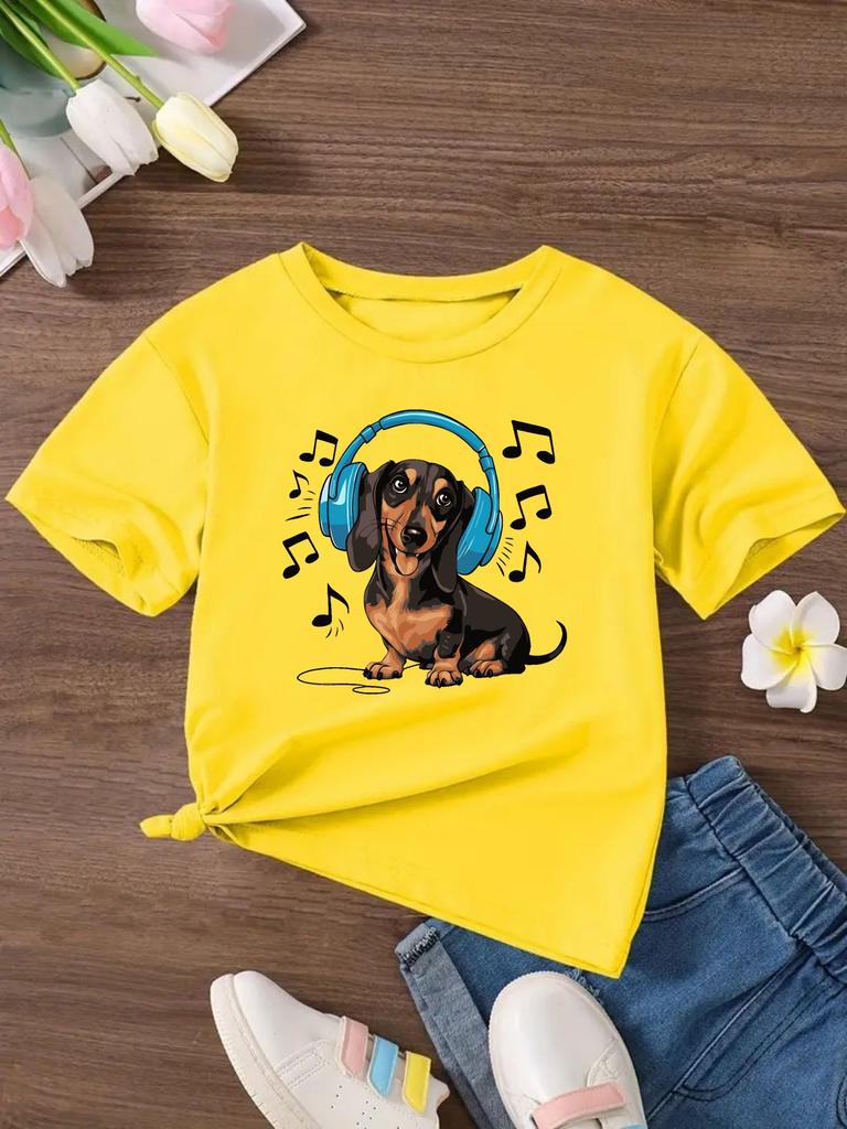 Girls Soft TShirt Fun Dachshund Music Graphic Comfortable ShortSleeve Summer Top for Youngsters Summer Wear Fun Animal Print