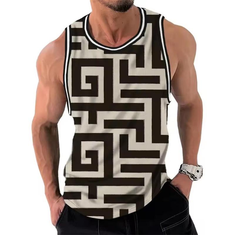 

Летняя новая мужская майка с 3D-принтом, контрастная по цвету, геометрический жилет, ретро, с круглым вырезом, без рукавов, удобный уличный топ 6XL