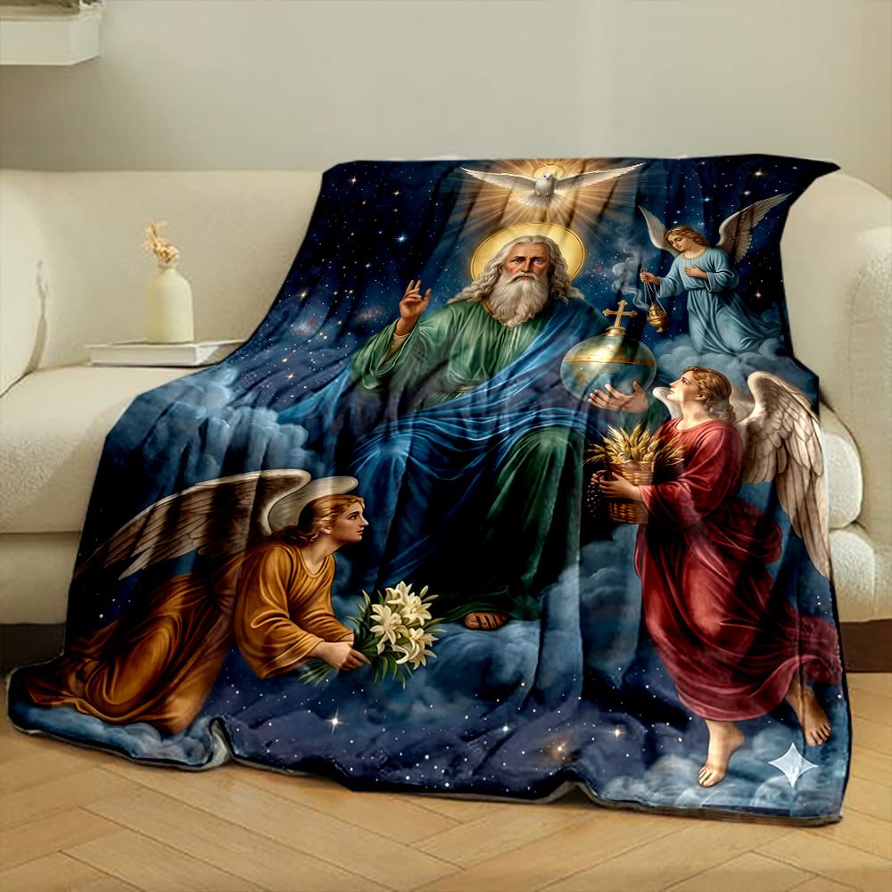 God and Angels with Heavenly BackgroundFlannel blanket for bedroom, living room, sofa, and nap