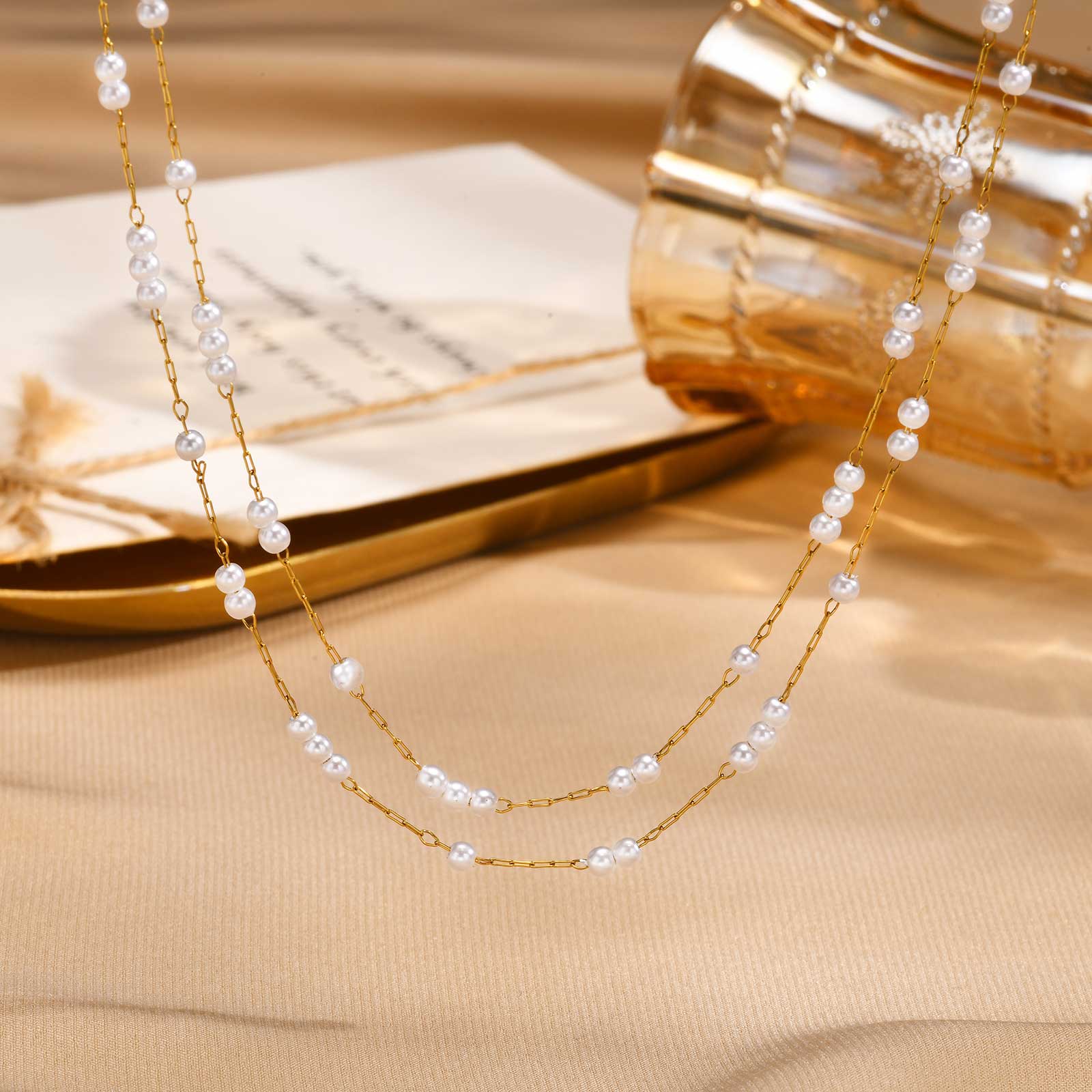 

Elegant Imitation Pearls Necklace For Women Stainless Steel Sweater Double layered Necklace Jewelry Valentine s Day Gifts
