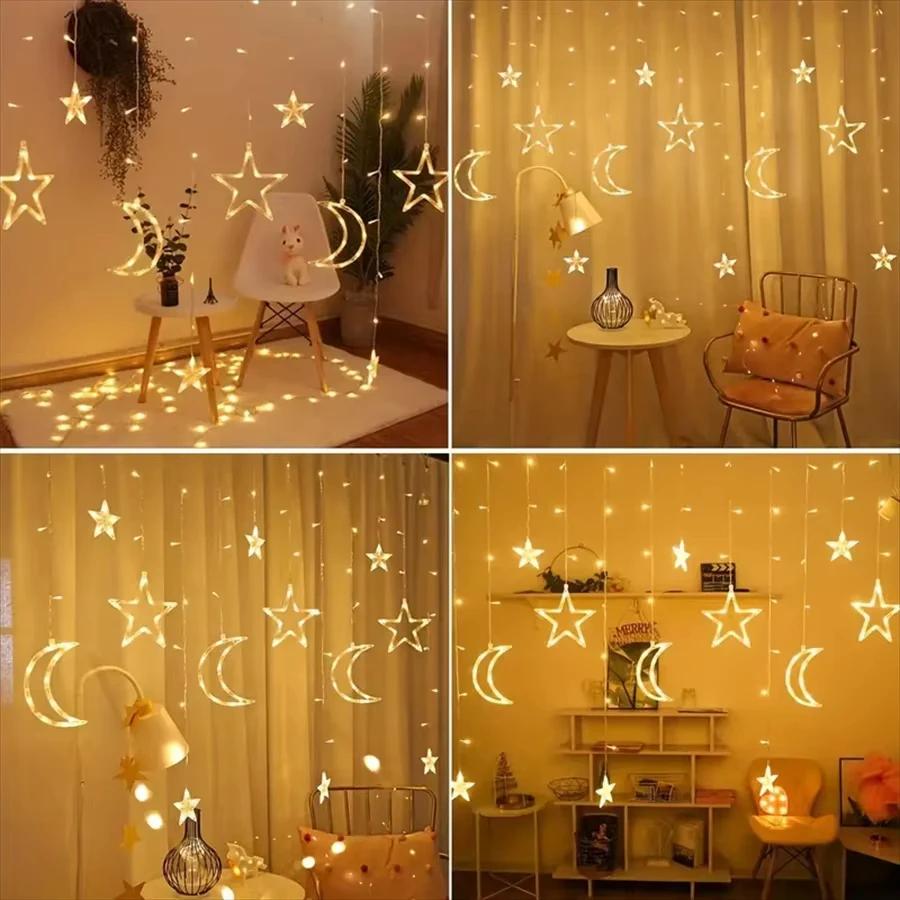 LED Solar/Battery Star Moon Fairy String Lights Waterproof Curtain Lamp with 8 Modes Timer Remote for Outdoor Home Party Decor