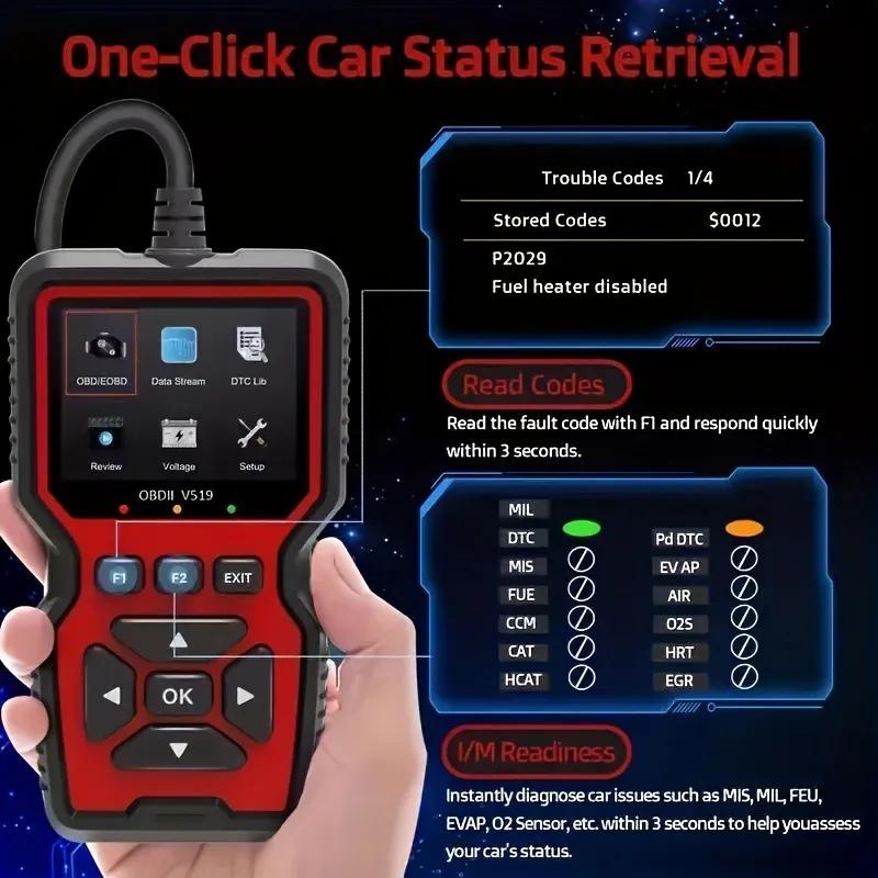 V519 Pro OBD2 Scanner: Live-Daten & Motorleuchten-Diagnose | Batterieloser Code-Leser mit DLC-Stromversorgung, CAN/KWP2000-Protokollen