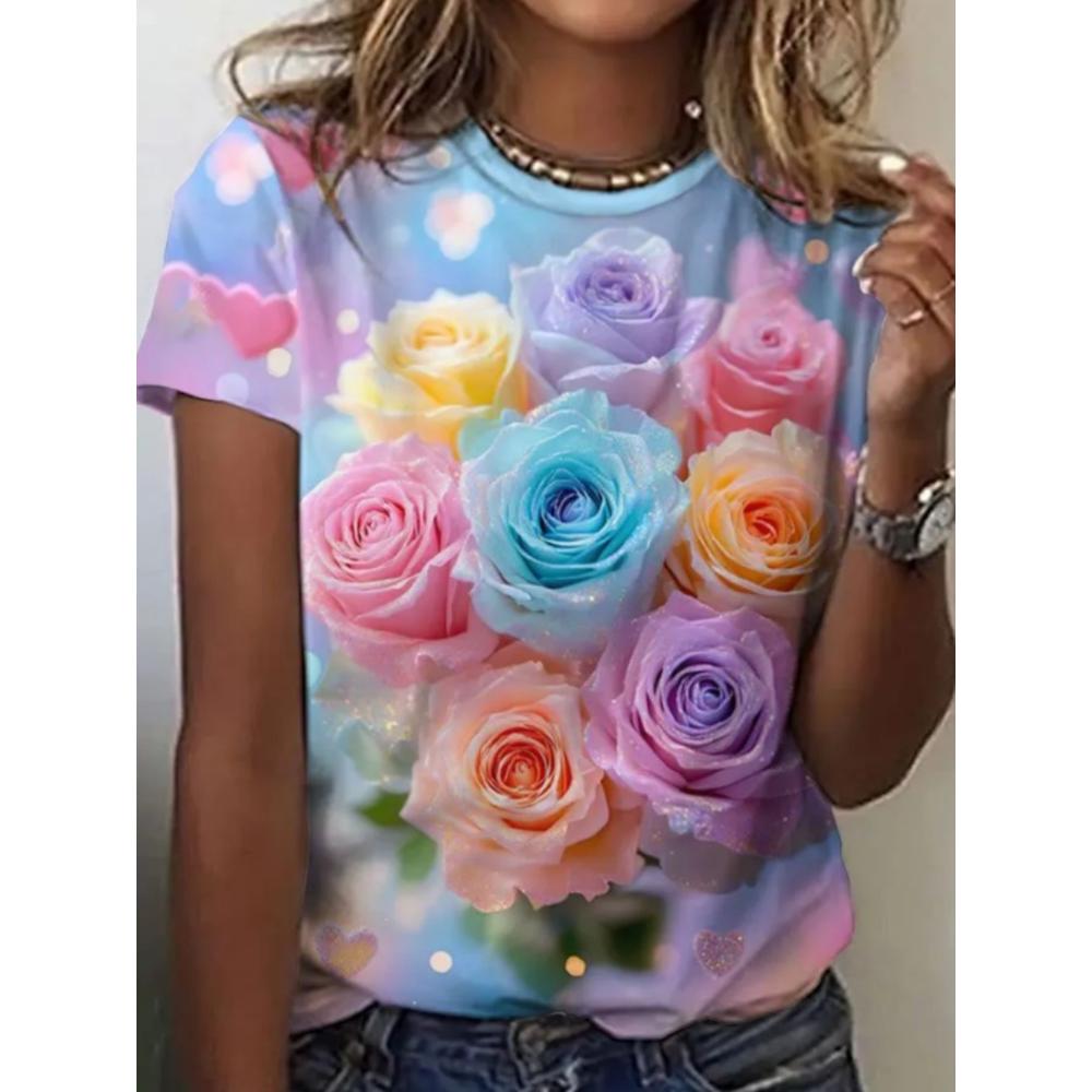 Summer Women T-shirt Creative Flower 3D Printed Short Sleeved T-shirt Fashionable Comfortable Soft Breathable Large Loose T-shirt