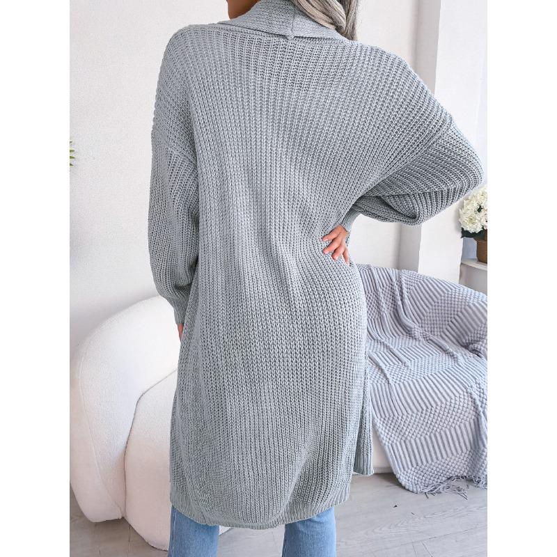 Solid Color Knitted Cardigan Women's Long Sleeved Sweater Jacket Thick Warm Knitted Long Coat with Flip Collar Autumn and Winte