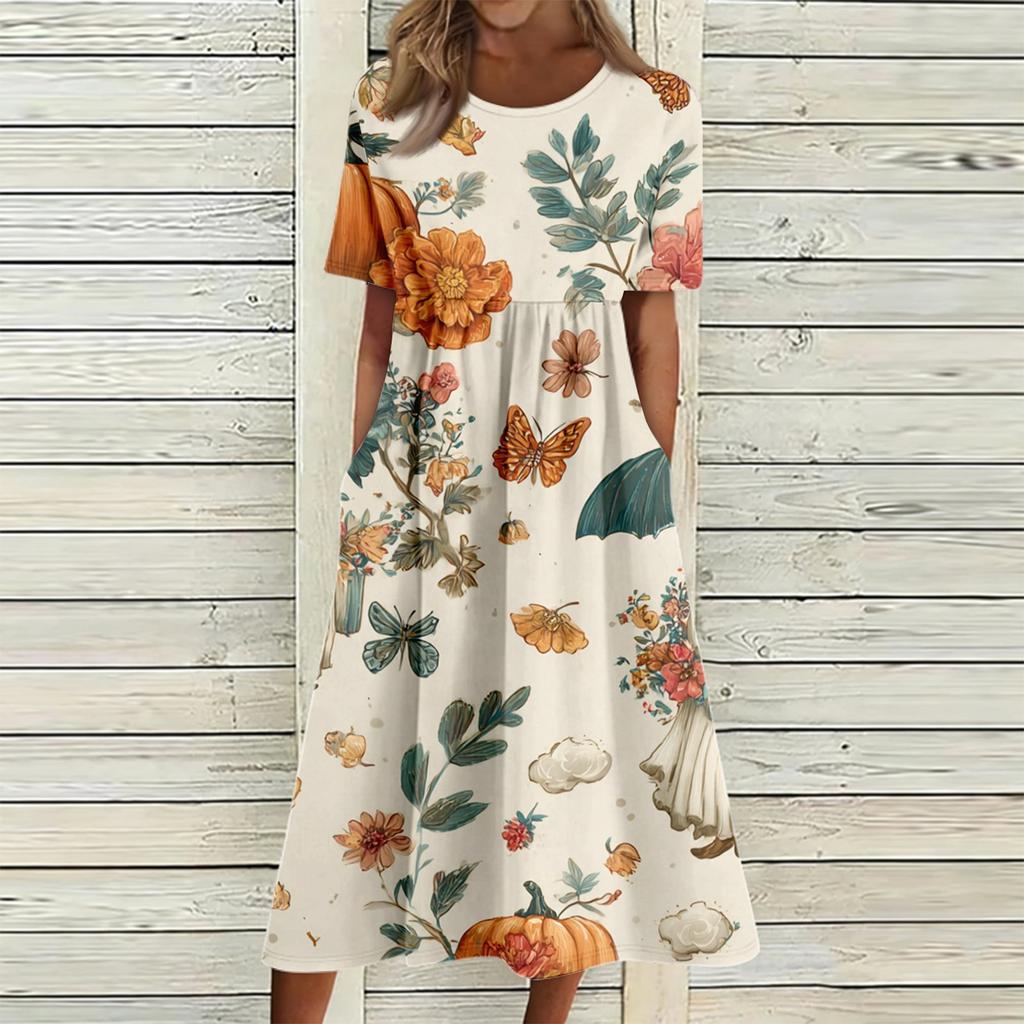 Women's Halloween Printed Casual Dress - Round Neck with Pockets, Relaxed Fit for Women
