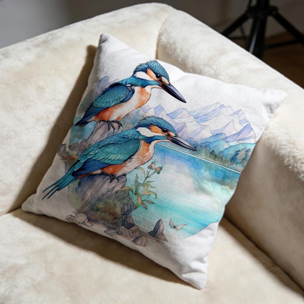 Kingfisher Watercolor Painting Cushion Cover Soft Decorative Pillow Case Suitable for Bedroom Sofa Car Travel Use