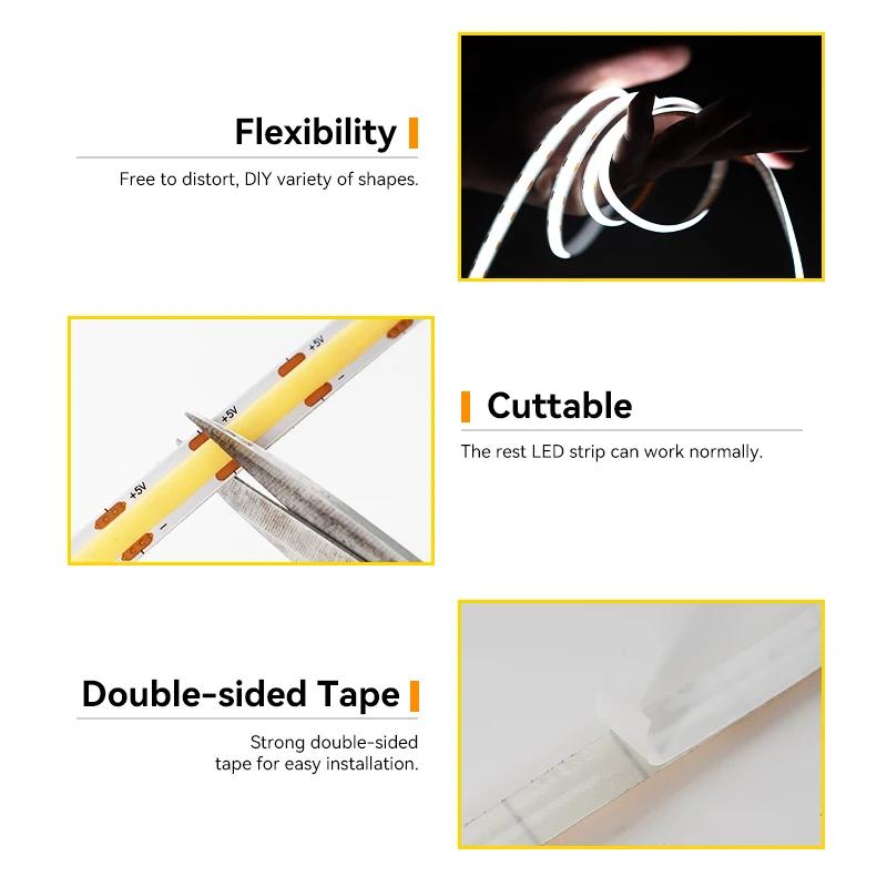 5V COB LED Strip Light with Button Switch USB High Brightness 320 LEDs/m Flexible Tape for TV Backlight Bedroom Room Decor
