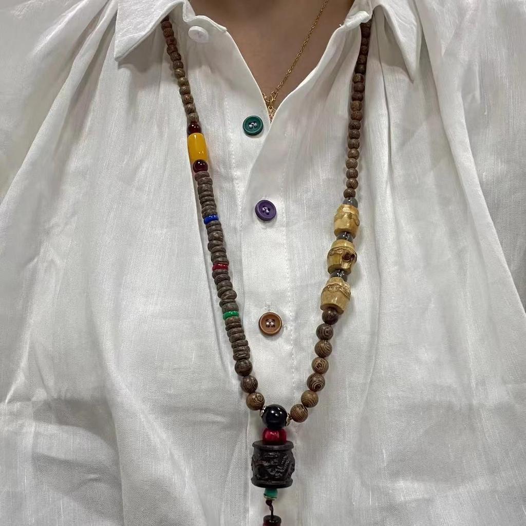 Unisex Tibetan Ethnic Necklace: Versatile, Retro-Style Jewelry with Wooden Accents for Cotton and Linen Outfits