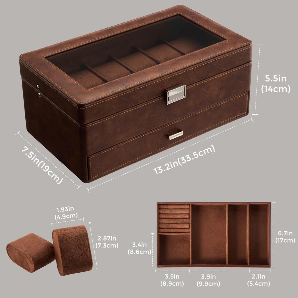 ProCase Watch Holds 12 Large Transparent Storage Jewelry with Glass Lid for Display Case, Watches, Capacity, 2-Tier, Top, Multi-Function Box,