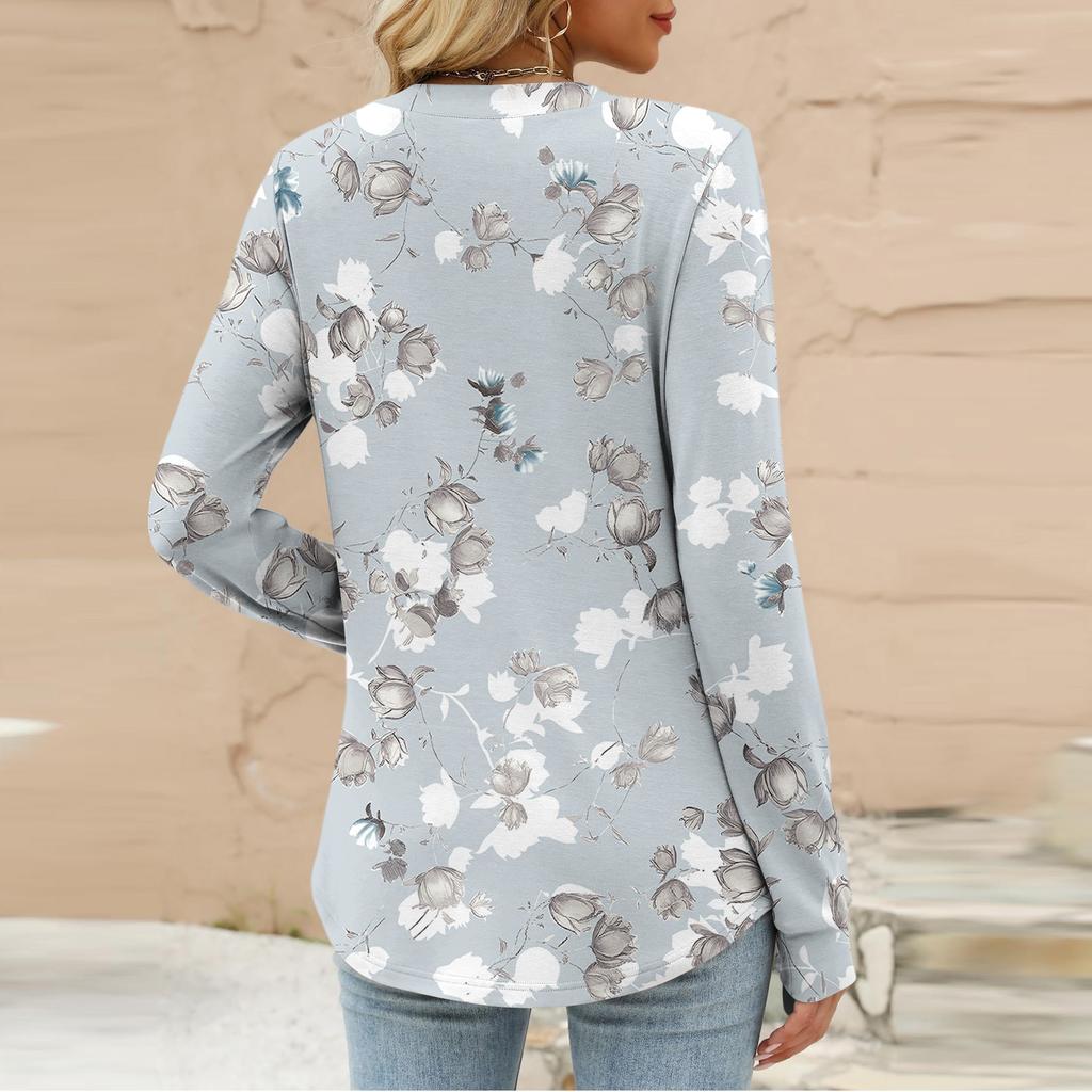 Women's Fashion Casual Floral Print Long Sleeve T-Shirt Pullover Top