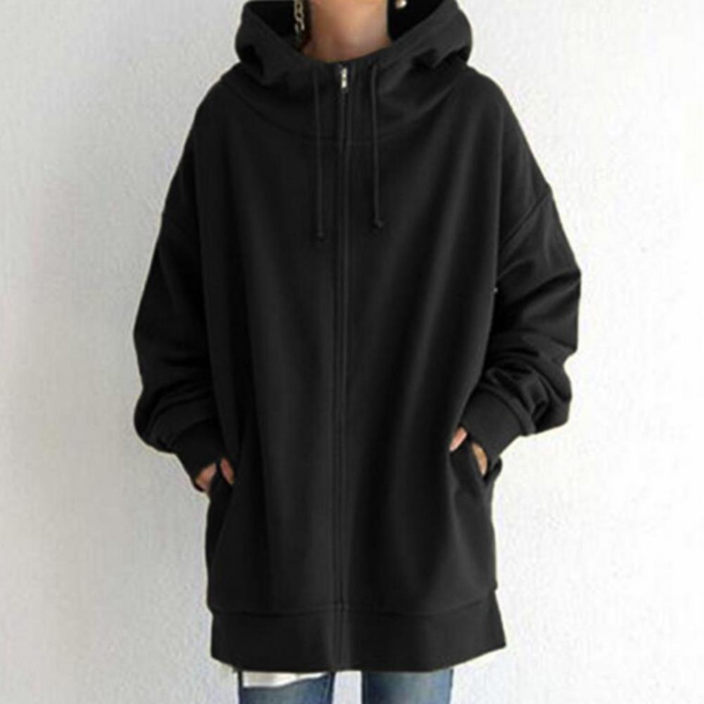 Womens Zip Up Long Hoodie Jacket with Drawstring Tunic Sweatshirt One Tone Open Front Cardigan Autumn Winter Hooded Pullover