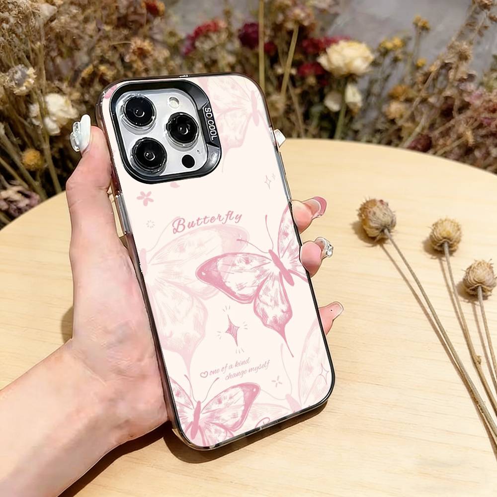 Pink Butterfly Pattern Phone Case For iPhone 17,16,15,14,13,12,11 Plus,Pro Max,XS,Colorful Silver Phone case Funda Cover