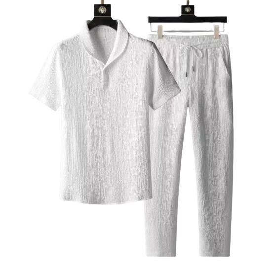 2Pcs/Set Casual Outfit for Men, Lapel Short Sleeve Shirt And Elastic Waist Loose Long Pants, Summer Ultra-Thin Ice Silk Outfit for Home And Daily Wear