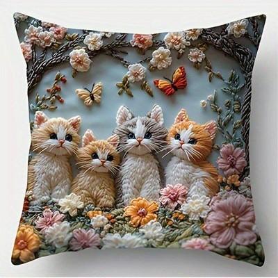 Cute Kittens Flowers With Butterflies Pillow Pattern Cushion Cover Suitable For Sofa Bedroom Car Pillow Cover