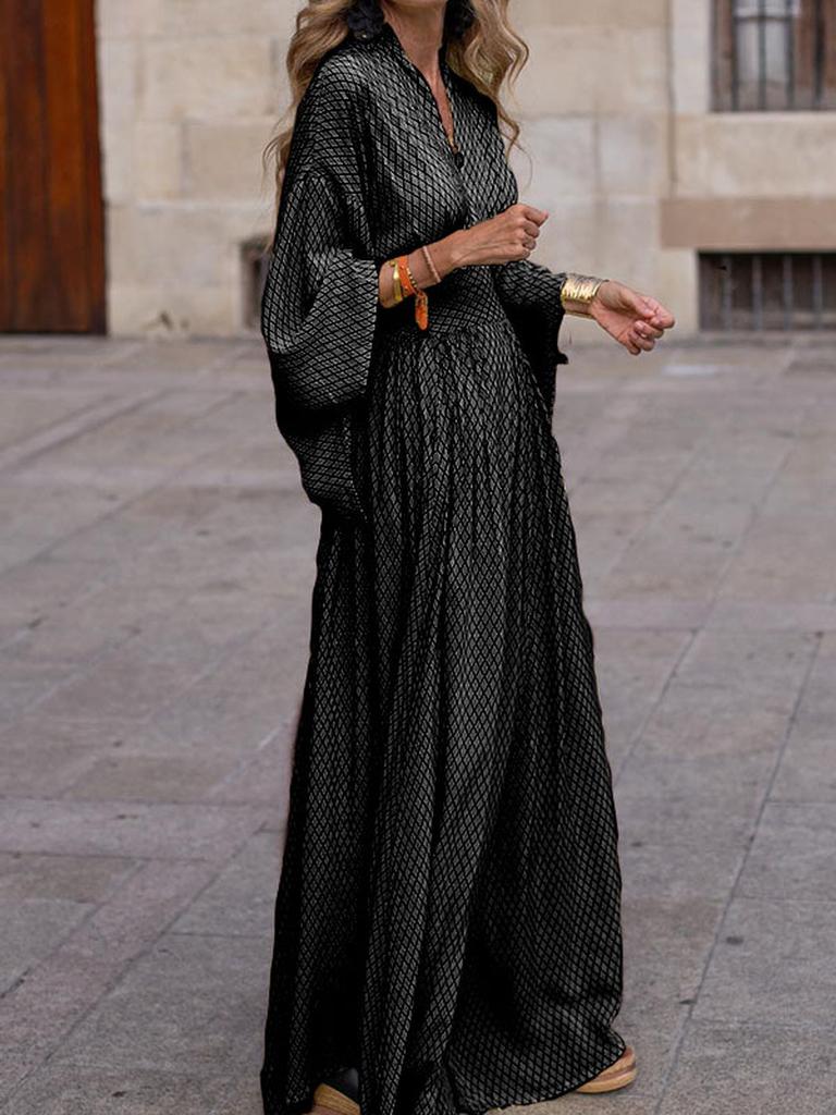 Autumn Style Long Sleeve Loose V-Neck Ruched Waist Maxi Dress for Women