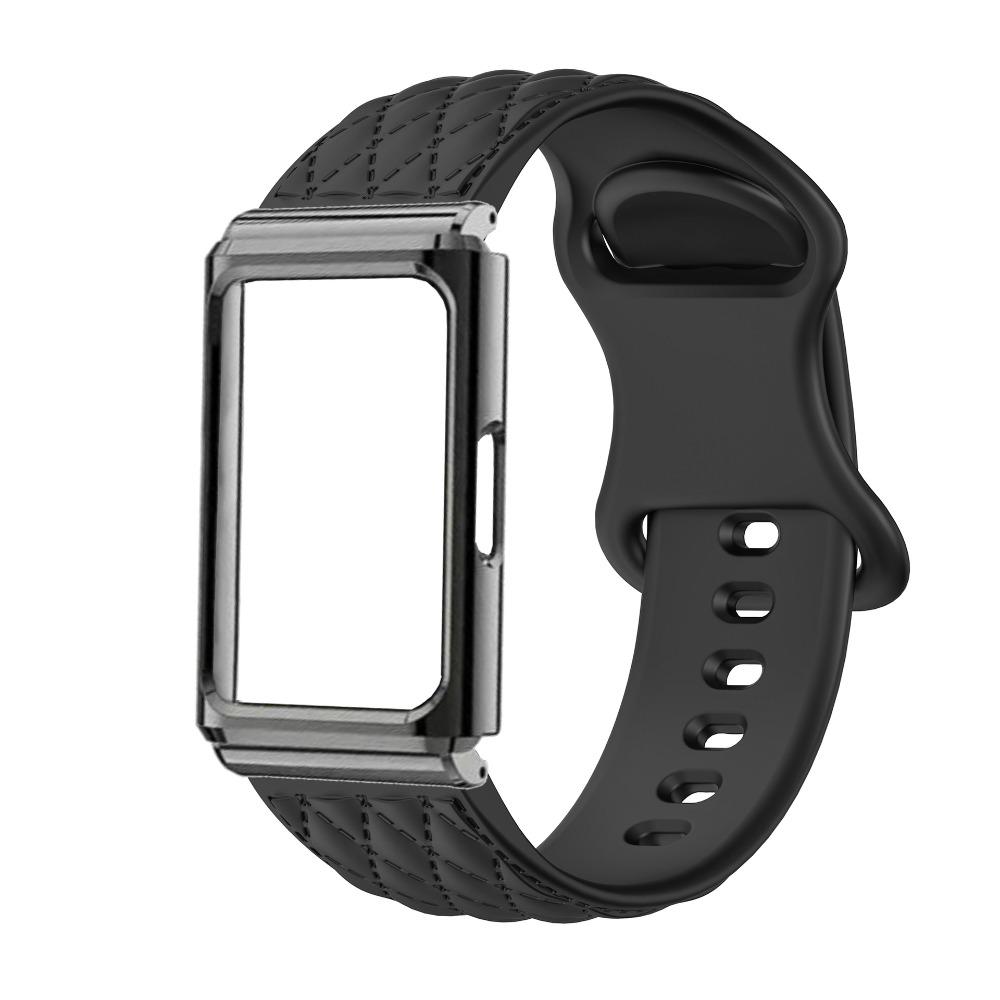 Diamond Texture Silicone Strap with Metal Protective Case for Huawei Band 11 / Huawei Band 11 Pro Replacement Smart Band Wristband