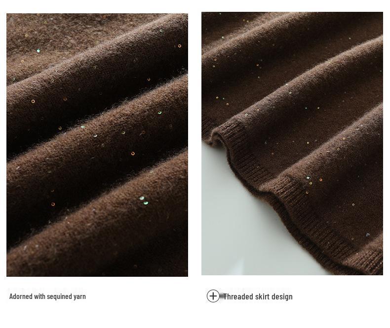 High-Waisted A-line Wool Sequin Umbrella Skirt – Mid-Length Slimming for Autumn/Winter