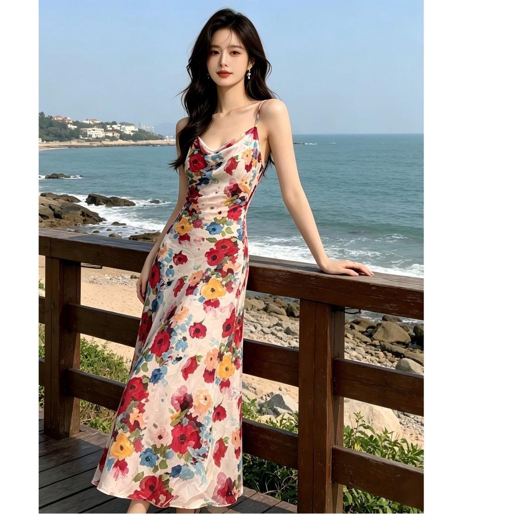 French holiday wind beach skirt waist printing oil painting suspender slim dress summer new A-shaped long skirt