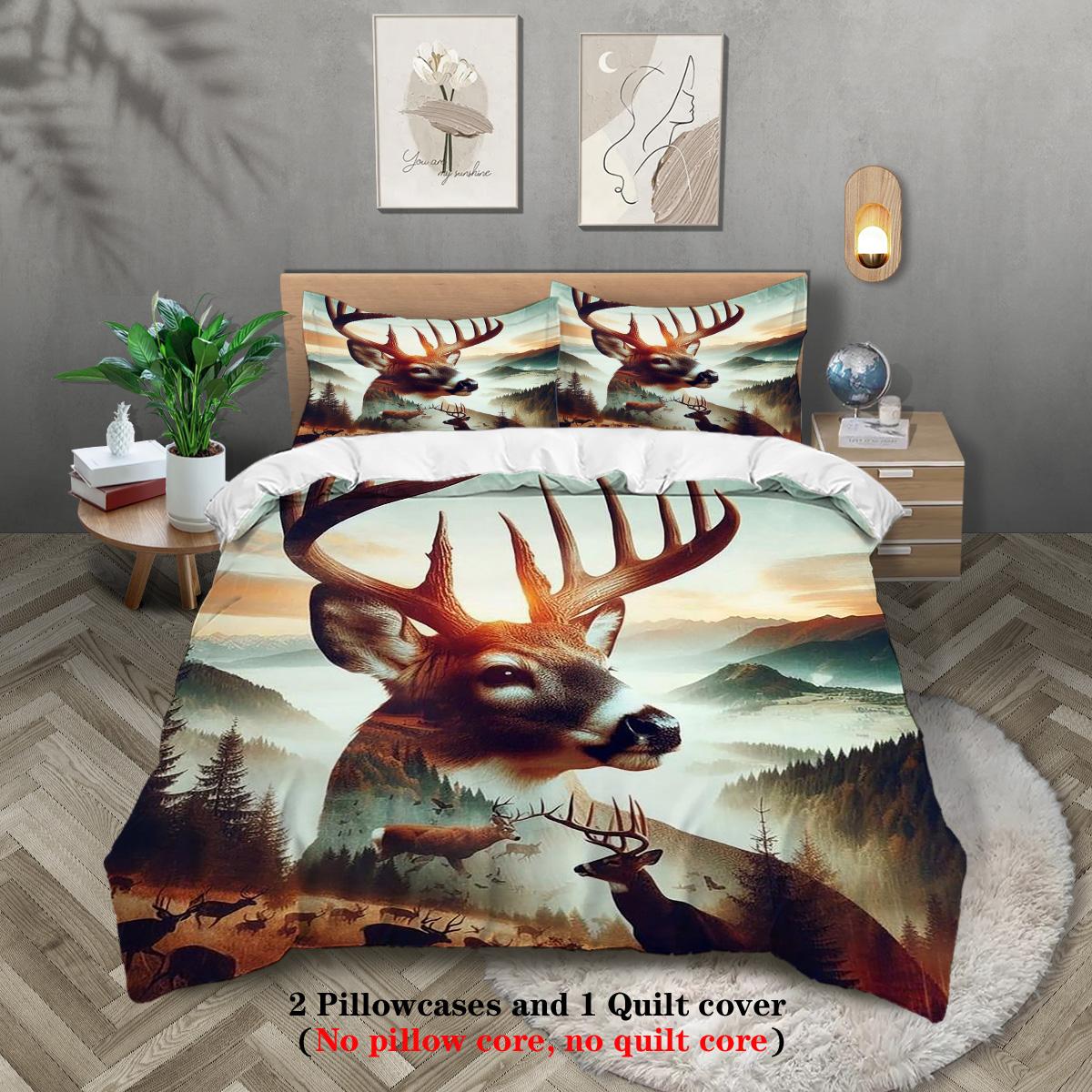 

3pcs Elk and American flag printed bedding set,comfortable and breathable,queen, king, double bed, for bedroom, guestroom, hotel 135x200cm-EU-Single