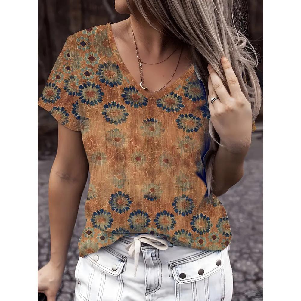 Fashion Women's V-neck T-shirt Summer Outdoor Street Trend Short-sleeved Blouse Floral Print Pattern Loose Clothing